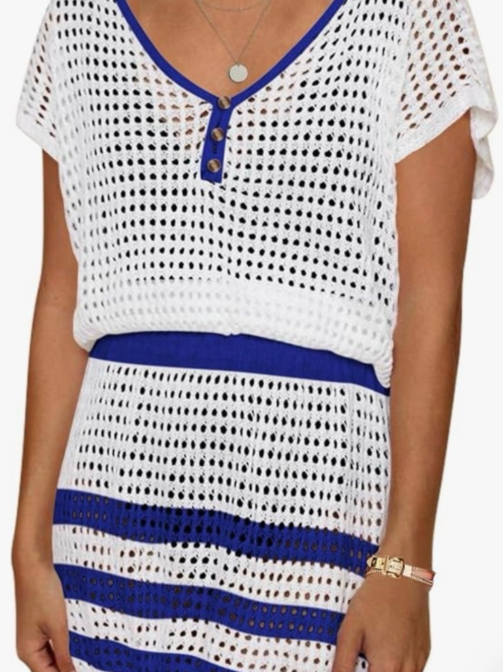 Aolro White & Navy Crochet Swim Coverup Dress